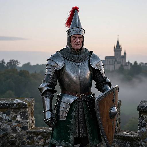 Medieval knight in silver armor with red plume, standing on castle wall, holding wooden shield, misty background, distant castle tower. Photograph.