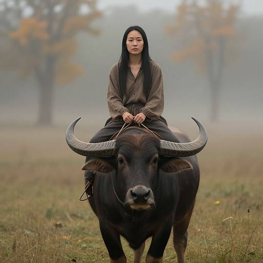 Asian Woman Riding Water Buffalo in Mist