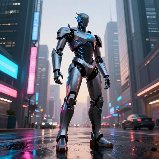 CGI image of a futuristic, silver, humanoid robot with blue lights standing in a neon-lit, rainy city street at dusk.