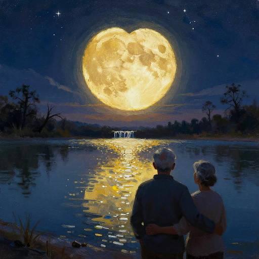 Digital painting of an elderly couple standing by a moonlit lake, gazing at a large, glowing full moon reflected in the water.