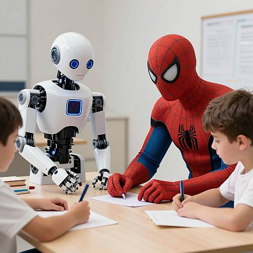 Photograph of a classroom scene: Spider-Man, a white robot, and two boys writing at a desk, bright classroom background.