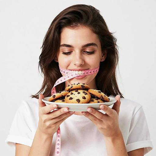 Photograph of a young woman with dark brown hair, wearing a white shirt, measuring her mouth with a pink tape measure, eating chocolate chip cookies from