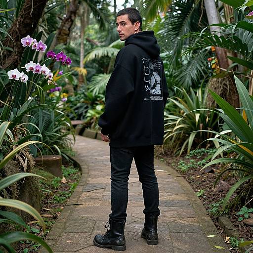 Photograph of a young man with short dark hair, wearing a black hoodie, tight black jeans, and boots, standing on a stone path in a