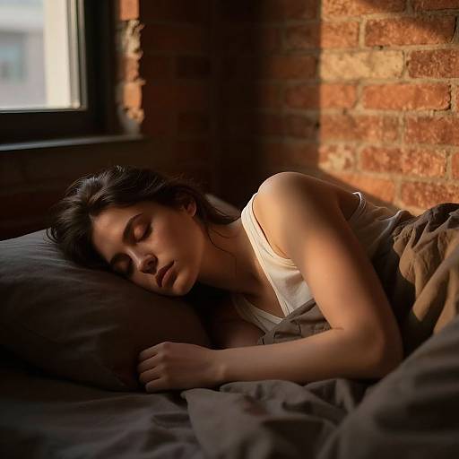Photograph of a sleeping woman with dark hair, wearing a white tank top, lying on a gray pillow in a sunlit room with exposed red brick