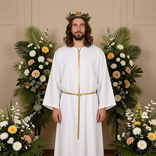 Photograph of a bearded man with long brown hair, wearing a white robe with gold trim, crowned with flowers, standing in front of a floral