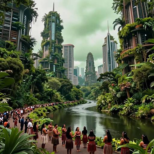 Digital artwork of a lush, futuristic cityscape with tall, greenery-clad skyscrapers flanking a serene river. Diverse crowd in traditional