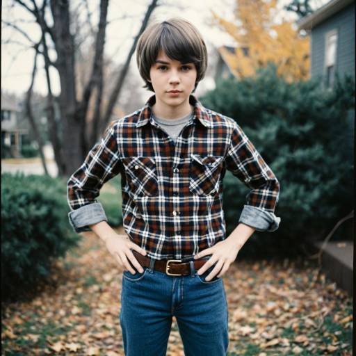 Boy in Vintage Plaid Shirt and Denim Jeans