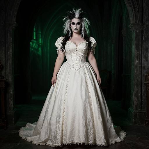 Photograph of a pale woman with dramatic white and black hair, wearing a detailed white, puffed-sleeve wedding dress, standing in a dark