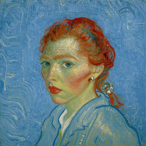 Vincent van Gogh-style painting of a red-haired woman with blue eyes, red lips, wearing a light blue shirt, against a vibrant blue textured