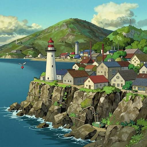 Digital anime-style illustration of a coastal village with a lighthouse on rocky cliffs, green hills in the background, and a helicopter hovering over the ocean.