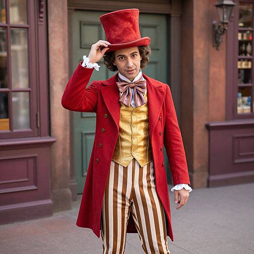 Photograph of a young man in 18th-century attire, wearing a red coat, gold vest, striped trousers, and tall red top hat,