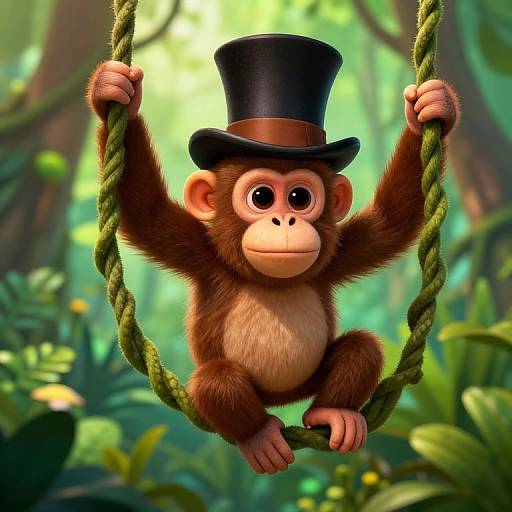 CGI image of a cute, brown-furred baby monkey wearing a black top hat, swinging on a green rope in a lush, sunlit jungle
