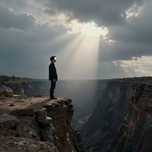 Photograph of a lone man in a black suit standing on a rocky cliff edge, gazing into a deep canyon below, with sun rays piercing through