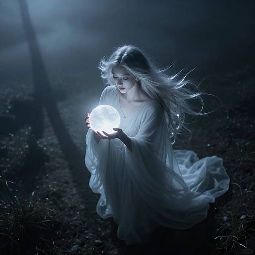 Photograph of a pale, ethereal blonde woman in a flowing white dress, holding a glowing orb in a dark, misty forest.