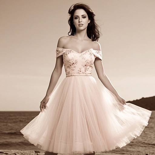 Photograph of a beautiful woman with dark hair, wearing an off-shoulder, floral-embellished, pale pink tulle dress, standing