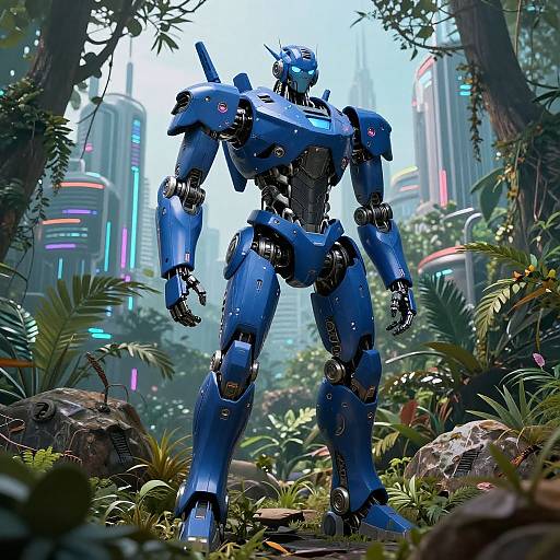 Blue Cybernetic Humanoid in Jungle