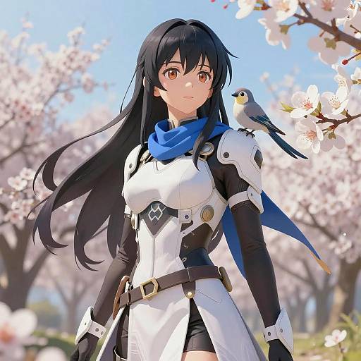 Anime Woman in Armor Among Flowers