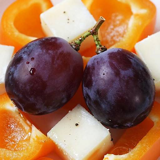 Close-Up of Grapes, Peppers, and Cheese