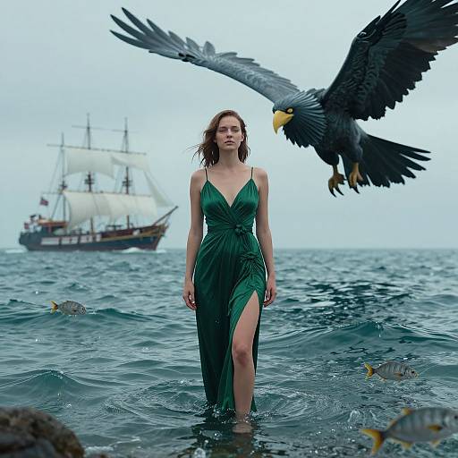 Photograph of a young woman in a green, deep-v-neck dress with a thigh-high slit, standing in ocean water with a large eagle flying overhead