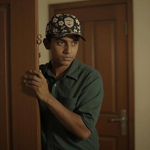 Young Man Peering from Doorway in Shadows