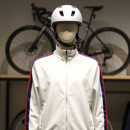 Photograph of a faceless mannequin in a white cycling jacket with red and blue stripes, wearing a white helmet, standing in front of a