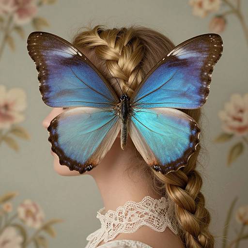 Photograph of a woman's back with a blue butterfly perched on her braided brown hair, lace choker, floral wallpaper background.