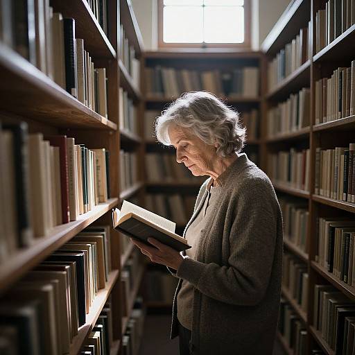 Photograph of an elderly woman with short white hair, wearing a gray cardigan, reading a book in a sunlit library aisle.