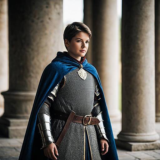 Young Medieval Knight in Armor and Blue Cape