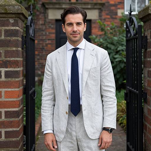 Photograph of a handsome man with dark hair, wearing a white suit, black tie, and watch, standing in a brick courtyard.
