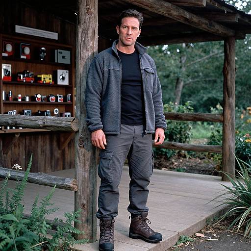 Photograph of a handsome, dark-haired man in a gray jacket, black shirt, and cargo pants, standing outdoors by a wooden shelter with a display