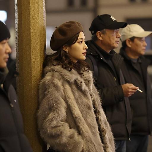 Woman in Fur Coat and Brown Beret at Night