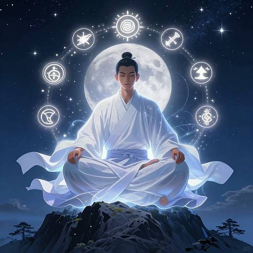 Mystical Warrior Monk Meditating at Night