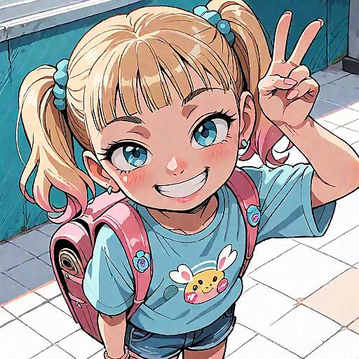 Anime Girl with Peace Sign and Backpack