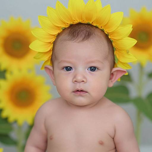Photograph of a baby with blue eyes, wearing a sunflower crown, shirtless, surrounded by blurred sunflowers in the background.