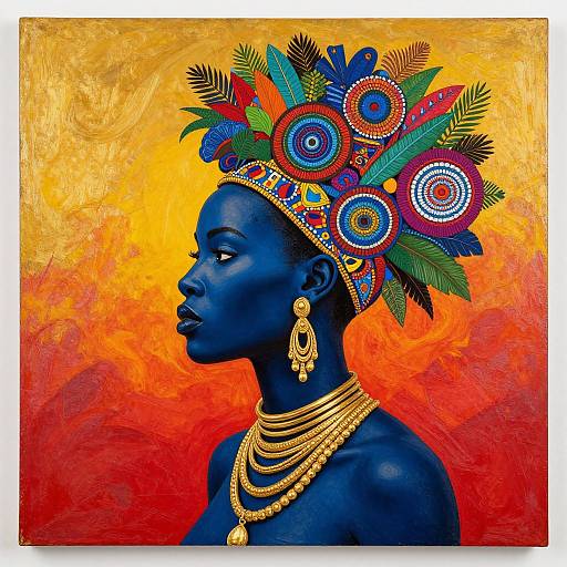 Vibrant portrait of a dark blue-skinned African woman with colorful, ornate headpiece, gold jewelry, and red-orange textured background. Digital
