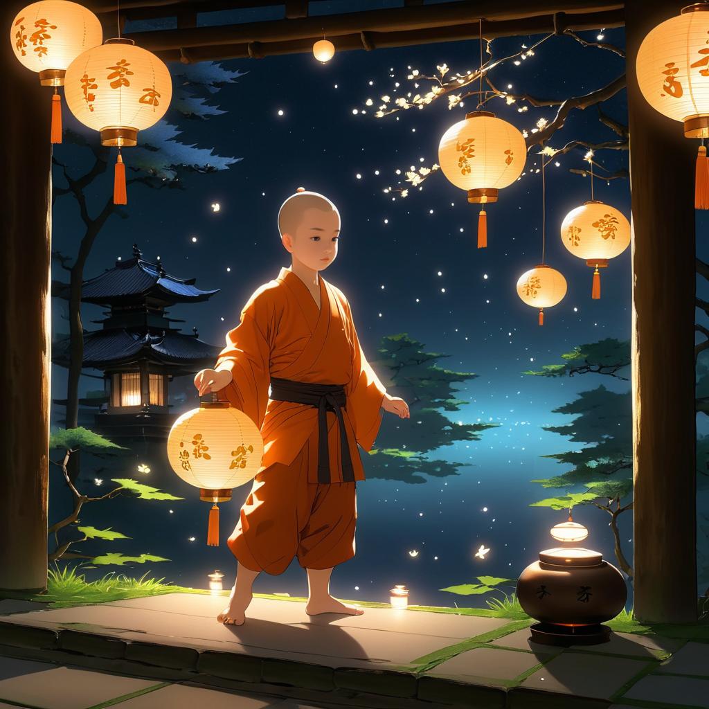 Serene Monk Practicing in Lantern-Lit Dojo