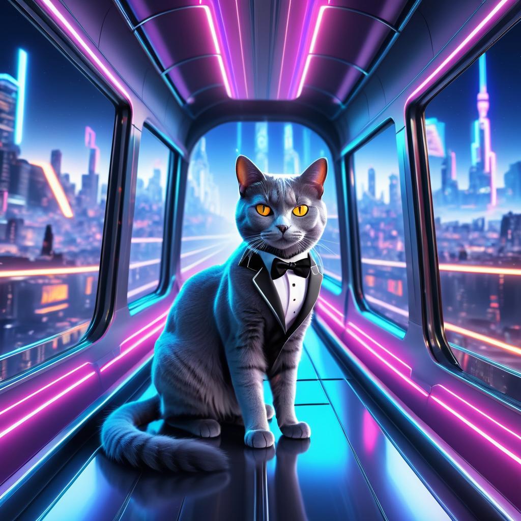 Futuristic Gray Cat in Tuxedo on Train