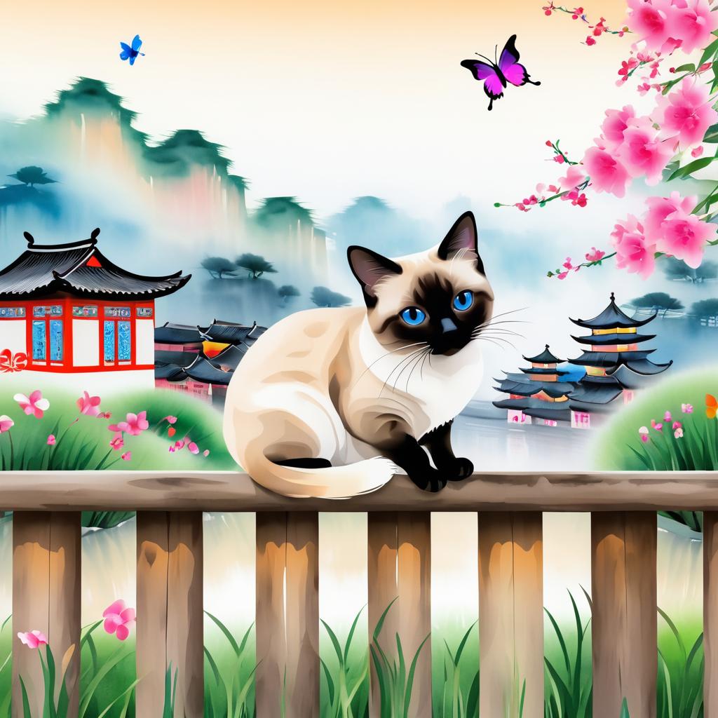 Siamese Cat on Fence with Butterfly