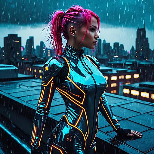 Female Cyborg with Neon Hair in Futuristic Bodysuit
