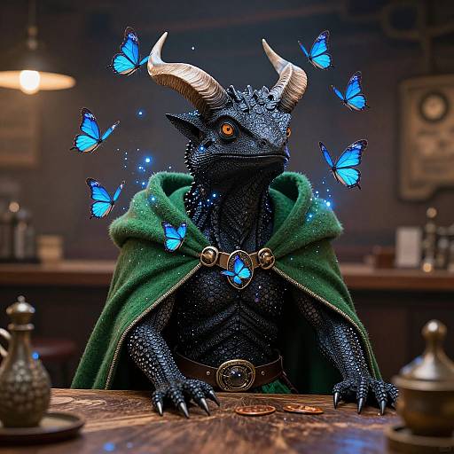 Black Lizardman Ranger with Blue Butterflies in Tavern