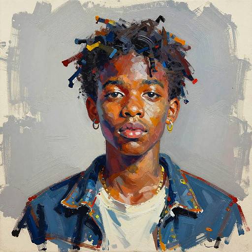 Digital painting of a young African man with dark brown skin, short dreadlocks, earring, blue jacket, white shirt, and serious expression.