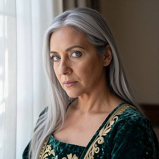 Photograph of a middle-aged woman with long, silver-gray hair, blue eyes, and olive skin, wearing an elegant, dark green velvet top with
