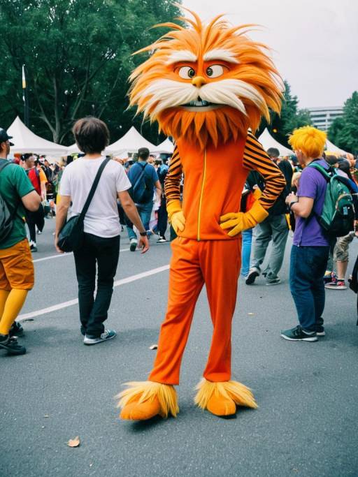 Person in Lorax Costume at Outdoor Cosplay Festival