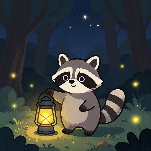 Whimsical Raccoon Lantern Night