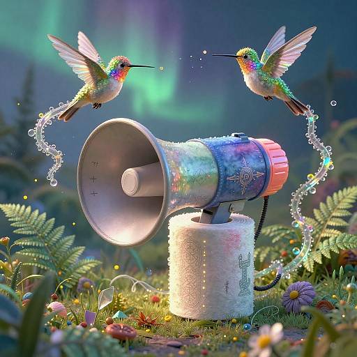 Whimsical Hummingbird Spirits with Ornate Megaphone in Aurora Forest