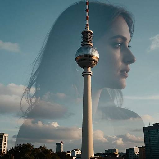 Photograph of Berlin TV Tower with superimposed transparent profile of a young woman with light brown hair, blue sky background.