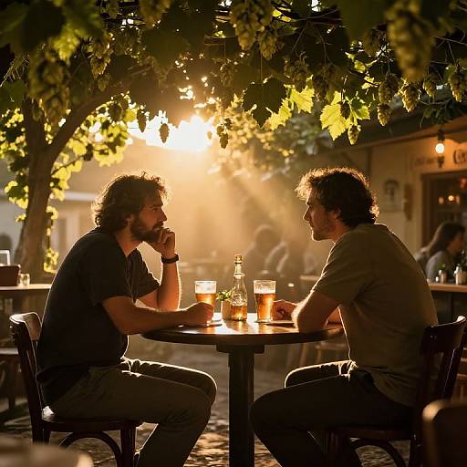 Photograph of two men sitting at an outdoor café, illuminated by a golden sunset, sipping beers, chatting, with leafy tree canopy overhead.