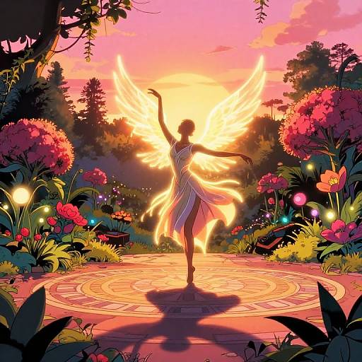Digital artwork of a silhouetted fairy with glowing wings dancing on a circular path in a vibrant, colorful garden at sunset.