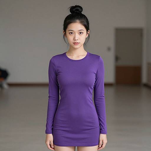 Photograph of an Asian woman with fair skin, black hair in a bun, wearing a form-fitting, long-sleeve purple dress, standing