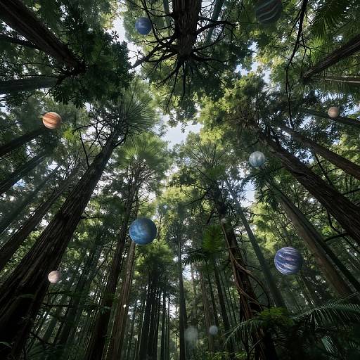 Photograph of a dense forest with tall trees looking up, sunlight filtering through leaves, and floating colorful planetary orbs scattered throughout.